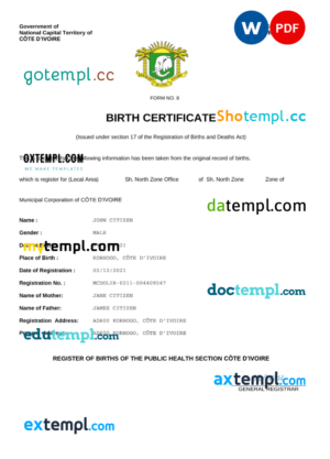 editable template, Cote d'Ivoire vital record birth certificate Word and PDF template, completely editable