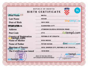 editable template, Croatia vital record birth certificate PSD template