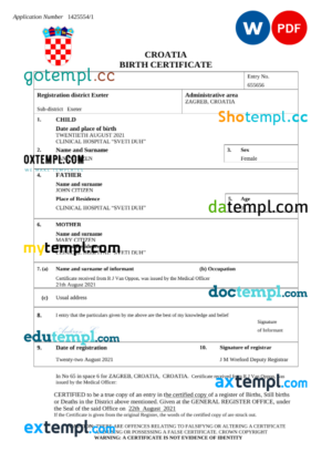 editable template, Croatia birth certificate Word and PDF template, completely editable