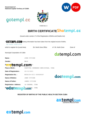 editable template, Cuba vital record birth certificate Word and PDF template, completely editable