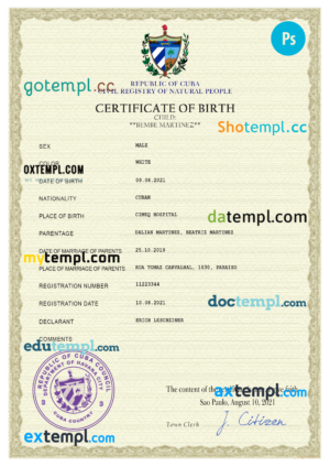 editable template, Cuba vital record birth certificate PSD template, completely editable