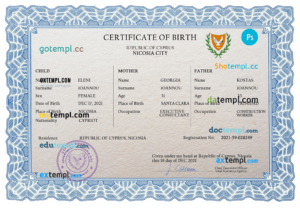 editable template, Cyprus vital record birth certificate PSD template