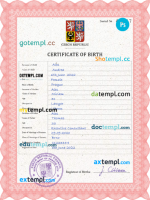 editable template, Czechia vital record birth certificate PSD template, completely editable