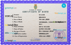 editable template, Denmark birth certificate PSD template, completely editable