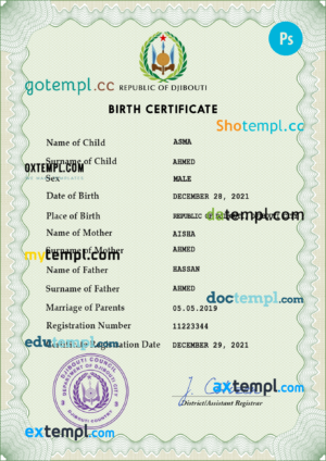 editable template, Djibouti vital record birth certificate PSD template, fully editable