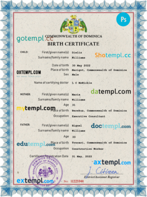 editable template, Dominica vital record birth certificate PSD template