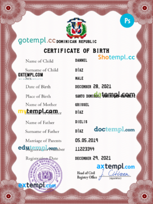 editable template, Dominican Republic vital record birth certificate PSD template, completely editable