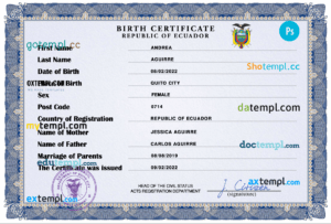 editable template, Ecuador birth certificate PSD template, completely editable
