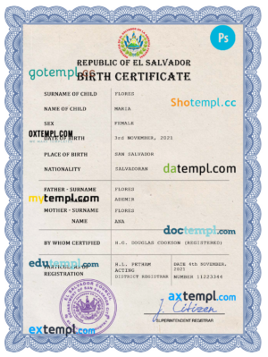 editable template, El Salvador vital record birth certificate PSD template, completely editable
