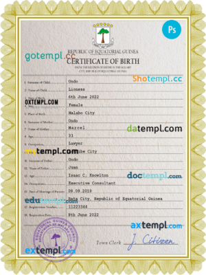 editable template, Equatorial Guinea birth certificate PSD template, completely editable