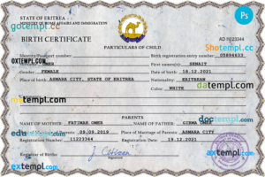 editable template, Eritrea vital record birth certificate PSD template, fully editable