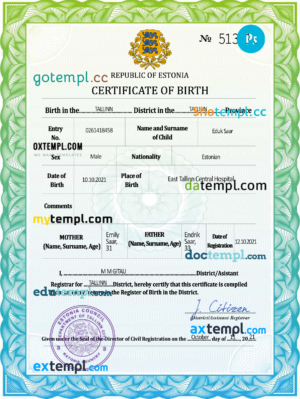 editable template, Estonia vital record birth certificate PSD template