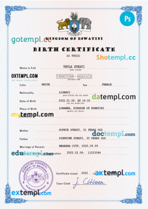 editable template, Eswatini vital record birth certificate PSD template, completely editable