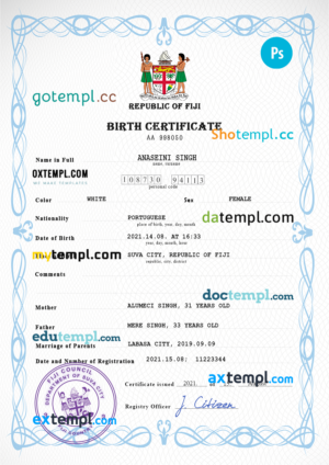 editable template, Fiji vital record birth certificate PSD template, fully editable