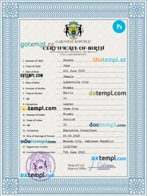 editable template, Gabon birth certificate PSD template, completely editable