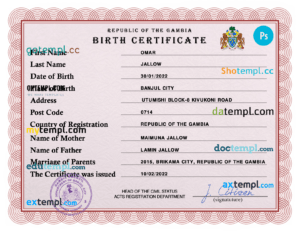 editable template, Gambia vital record birth certificate PSD template, fully editable