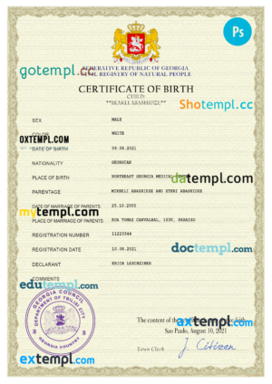 editable template, Georgia vital record birth certificate PSD template