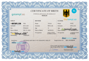 editable template, Germany vital record birth certificate PSD template, completely editable