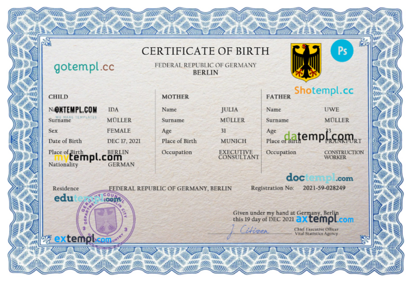 editable template, Germany vital record birth certificate PSD template, completely editable