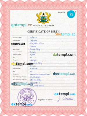editable template, Ghana vital record birth certificate PSD template, completely editable
