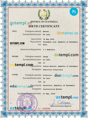 editable template, Guatemala vital record birth certificate PSD template