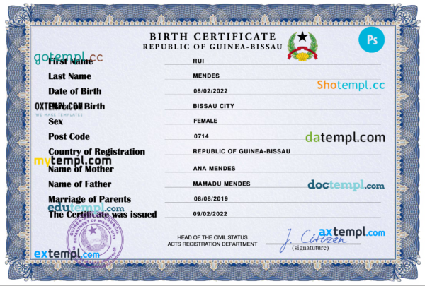 editable template, Guinea-Bissau birth certificate PSD template, completely editable