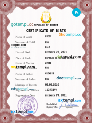 editable template, Guinea vital record birth certificate PSD template, completely editable
