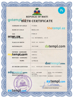 editable template, Haiti vital record birth certificate PSD template