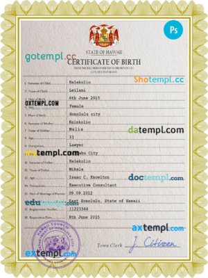 editable template, Hawaii birth certificate PSD template, completely editable