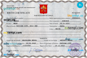 editable template, Holy See vital record birth certificate PSD template, fully editable