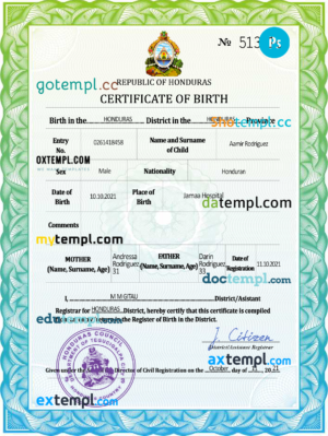 editable template, Honduras vital record birth certificate PSD template