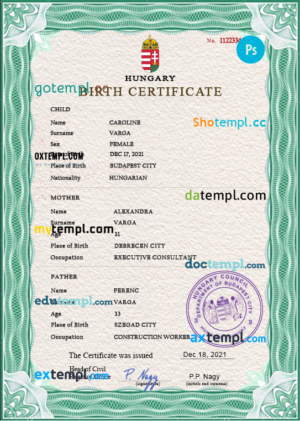 editable template, Hungary birth certificate PSD template, completely editable