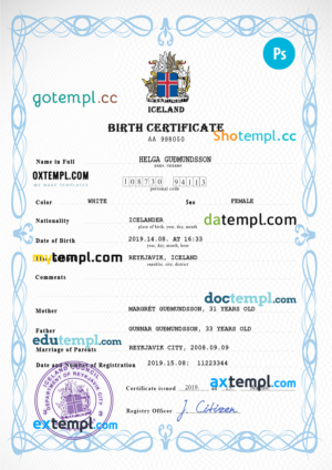 editable template, Iceland vital record birth certificate PSD template, fully editable