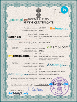 editable template, India vital record birth certificate PSD template