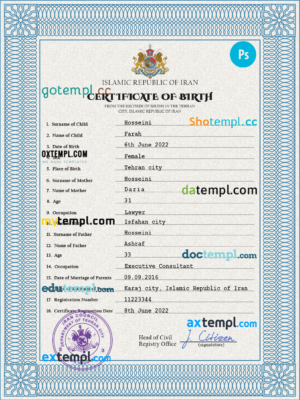 editable template, Iran birth certificate PSD template, completely editable