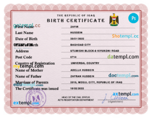 editable template, Iraq vital record birth certificate PSD template, fully editable