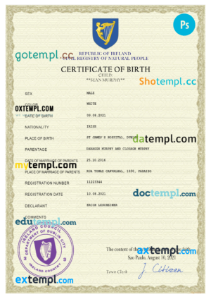 editable template, Ireland vital record birth certificate PSD template