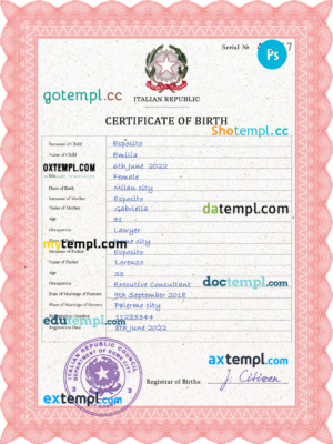 editable template, Italy birth certificate PSD template, completely editable