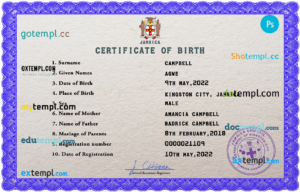 editable template, Jamaica vital record birth certificate PSD template, fully editable