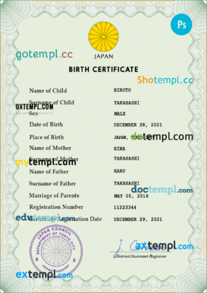 editable template, Japan vital record birth certificate PSD template