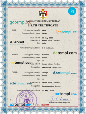 editable template, Jordan vital record birth certificate PSD template, completely editable
