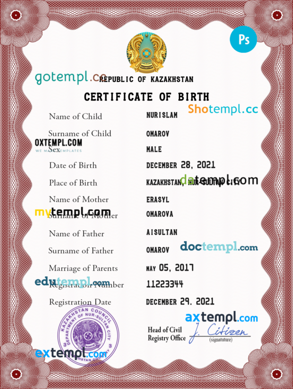 editable template, Kazakhstan birth certificate PSD template, completely editable