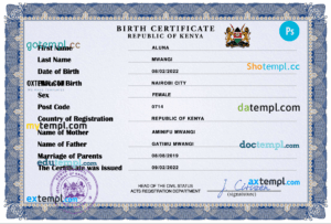 editable template, Kenya vital record birth certificate PSD template, fully editable