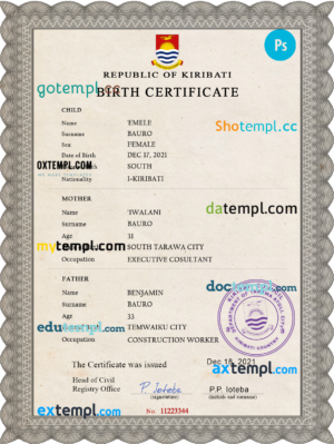 editable template, Kiribati vital record birth certificate PSD template