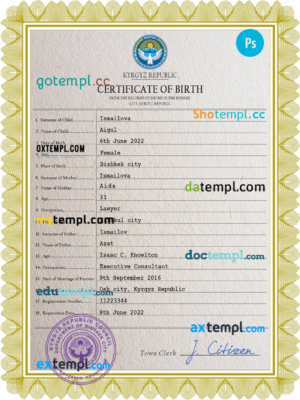 editable template, Kyrgyzstan vital record birth certificate PSD template