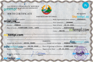editable template, Laos birth certificate PSD template, completely editable
