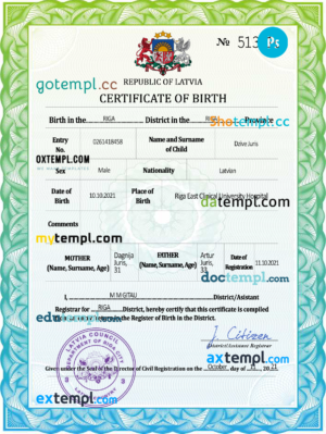editable template, Latvia vital record birth certificate PSD template, fully editable