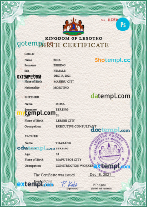editable template, Lesotho vital record birth certificate PSD template