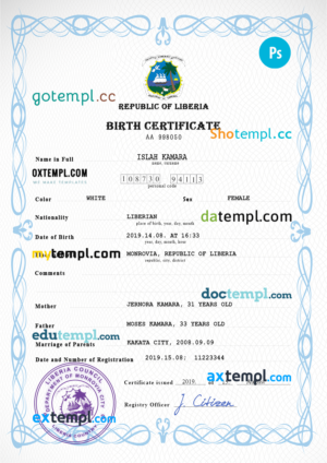editable template, Liberia vital record birth certificate PSD template, completely editable