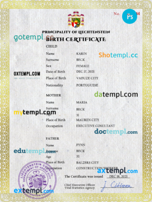 editable template, Liechtenstein vital record birth certificate PSD template, fully editable